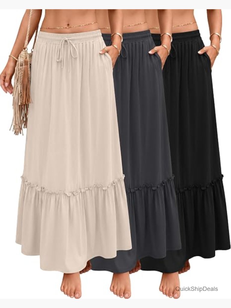 3 Pack Boho Maxi Skirts Flowy Tiered Ruffle High Waist Drawstring Long Skirts